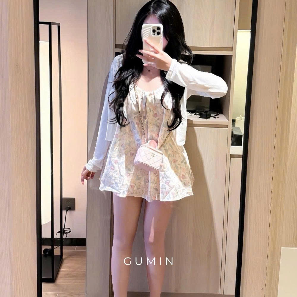 Set 2 món váy hai dây GUMIN thiết kế áo khoác giấy kèm váy 2s babydoll sang chảnh, Set đồ nữ đi biển tiểu thư sang trọng