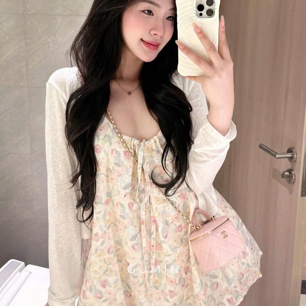 Set 2 món váy hai dây GUMIN thiết kế áo khoác giấy kèm váy 2s babydoll sang chảnh, Set đồ nữ đi biển tiểu thư sang trọng