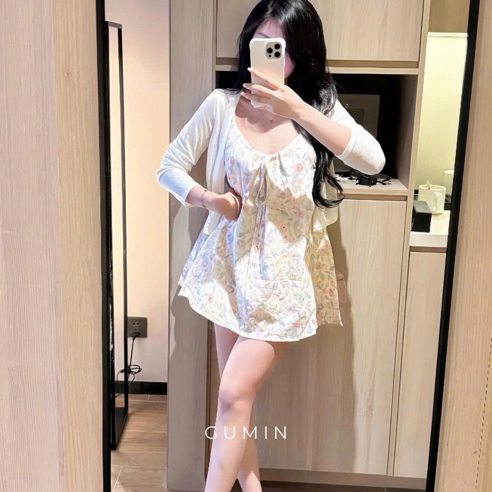 Set 2 món váy hai dây GUMIN thiết kế áo khoác giấy kèm váy 2s babydoll sang chảnh, Set đồ nữ đi biển tiểu thư sang trọng