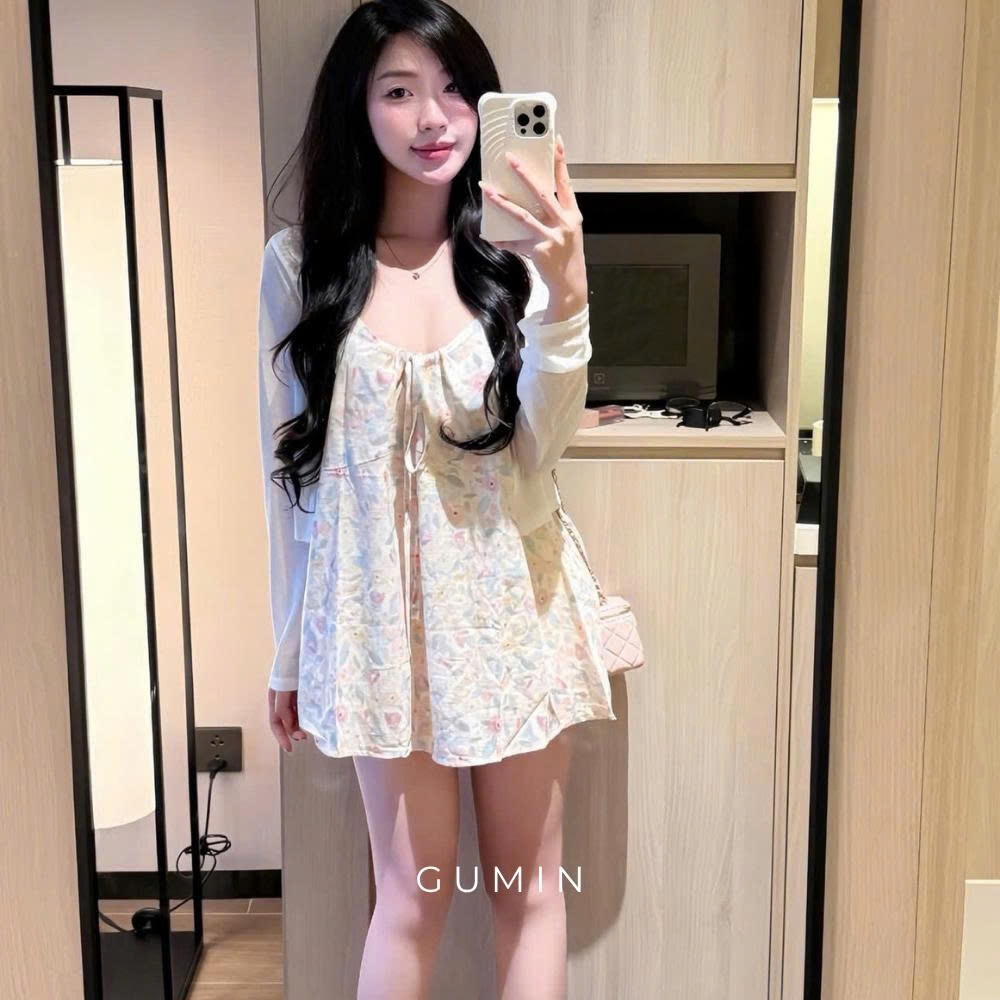 Set 2 món váy hai dây GUMIN thiết kế áo khoác giấy kèm váy 2s babydoll sang chảnh, Set đồ nữ đi biển tiểu thư sang trọng