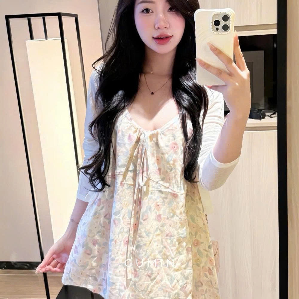 Set 2 món váy hai dây GUMIN thiết kế áo khoác giấy kèm váy 2s babydoll sang chảnh, Set đồ nữ đi biển tiểu thư sang trọng