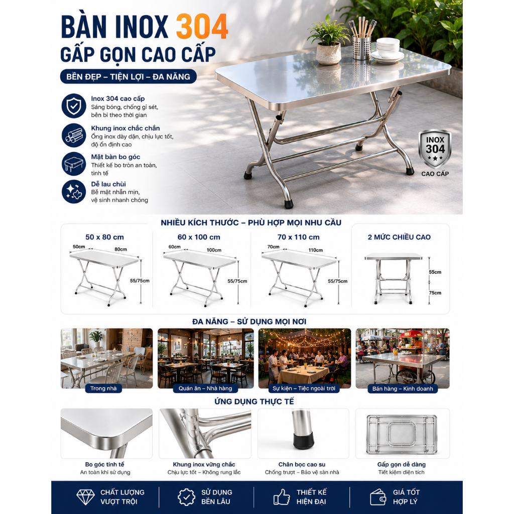 Bàn inox 304 xếp gọn ( Kt 50x80 ) dành cho quán ăn nhà hàng gia đình ( ship hỏa tốc )