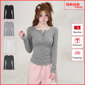 Áo thun nữ dài tay GRADPOPU cổ tròn cài nút ôm body gợi cảm màu trơn chất cotton thoáng mát DT250