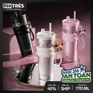 Ly giữ nhiệt Photres Queen 770ml inox 316 cốc giữ nhiệt có ống hút tự bật chống tràn cao cấp để xe ô tô văn phòng 710ml