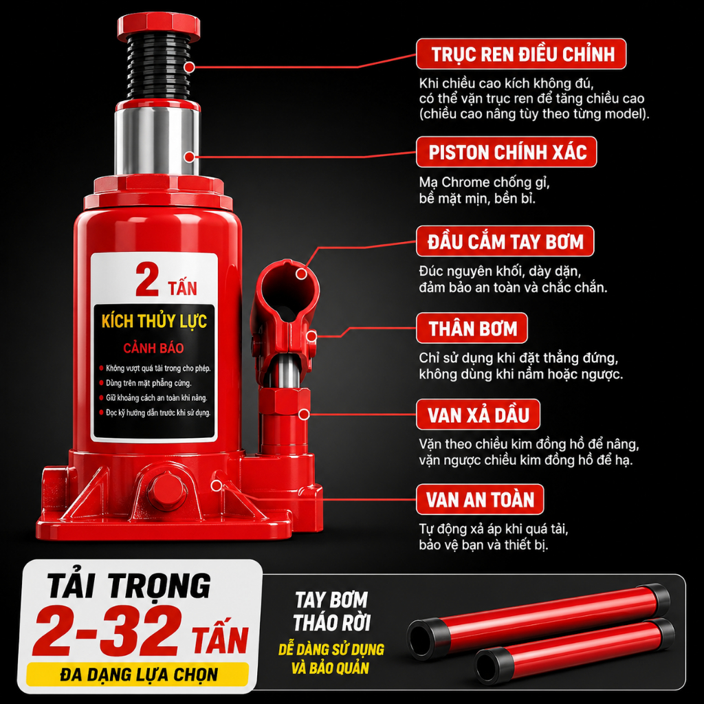 Kích thủy lực 5 tấn con đội thủy lực ô tô cao cấp thép chống gỉ nâng gầm xe siêu nhẹ có van an toàn chống sụt