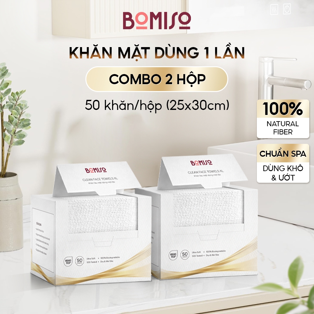 Combo 2 hộp khăn mặt dùng 1 lần sợi hữu cơ mềm mại cao cấp BOMISO (100 khăn 25x30cm)