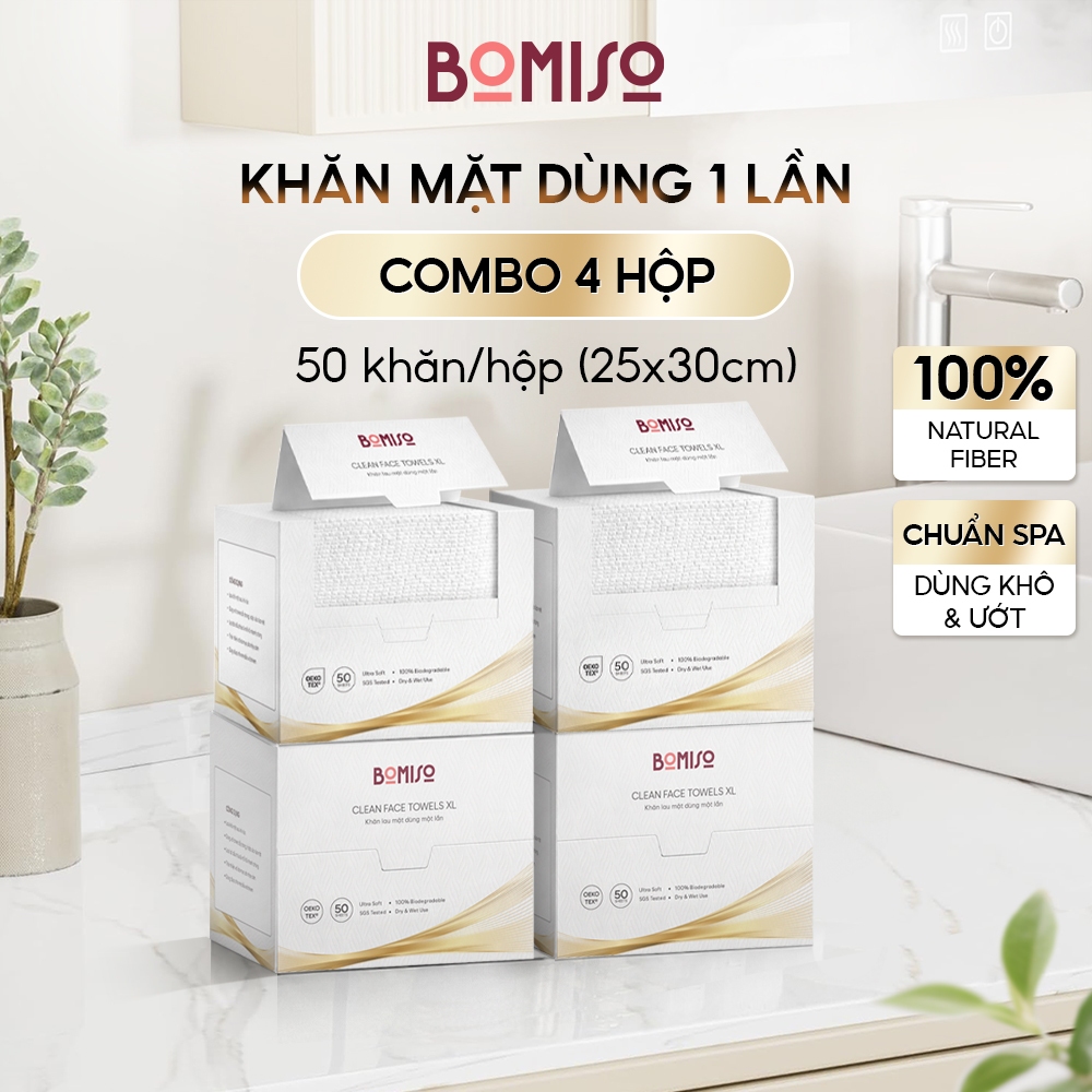 Khăn Lau Mặt Dùng 1 Lần BOMISO Viscose 80gsm Cao Cấp - Combo 4 Hộp 200 Tờ Khăn Mặt Khô Tẩy Trang