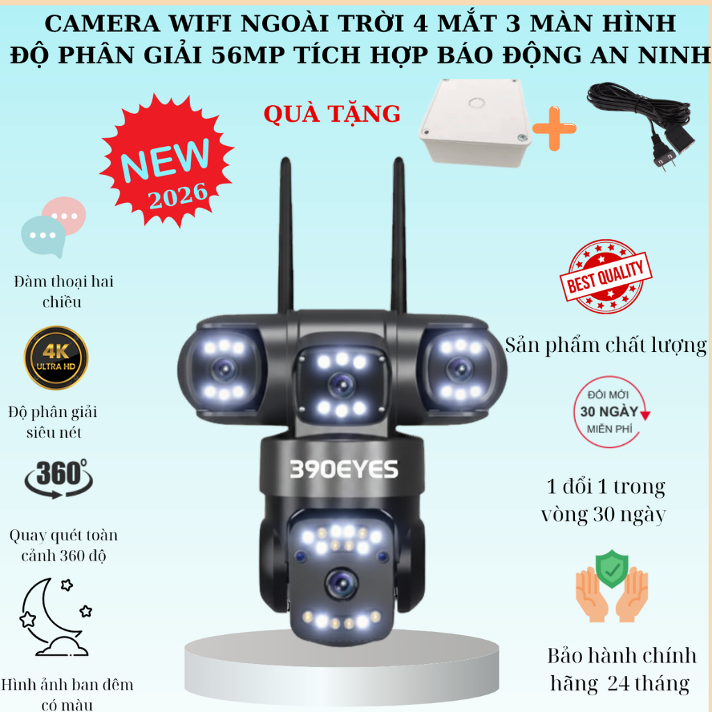 [Độ phân giải 56MP] Camera WIFI 390EYES 4 MẮT 3 KHUNG HÌNH Ngoài Trời  Báo động chống trộm, đàm thoại 2 chiều