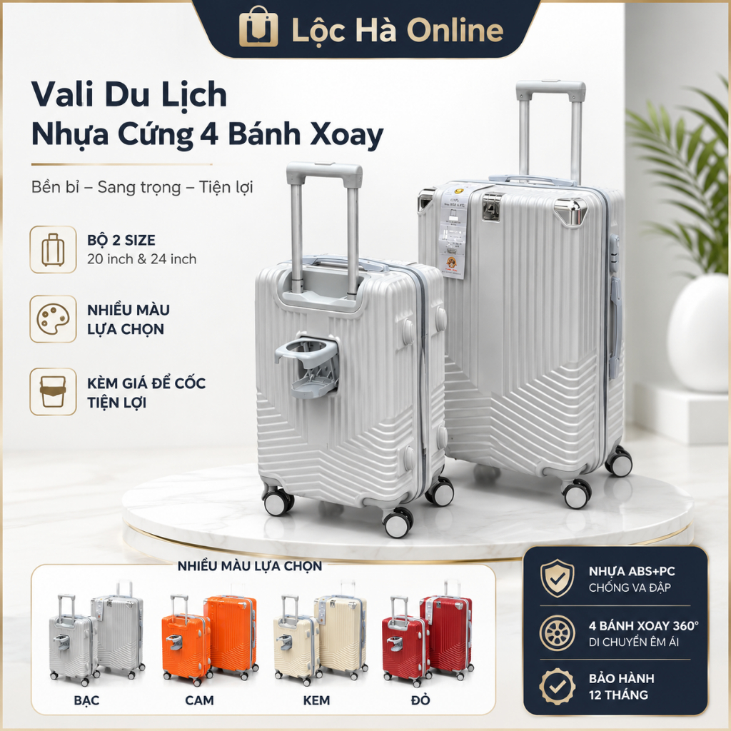 Vali Đôi Du Lịch Cao Cấp Nhựa Cứng 4 Bánh Xoay – Bộ 2 Size, Nhiều Màu Lựa Chọn, Kèm Giá Để Cốc