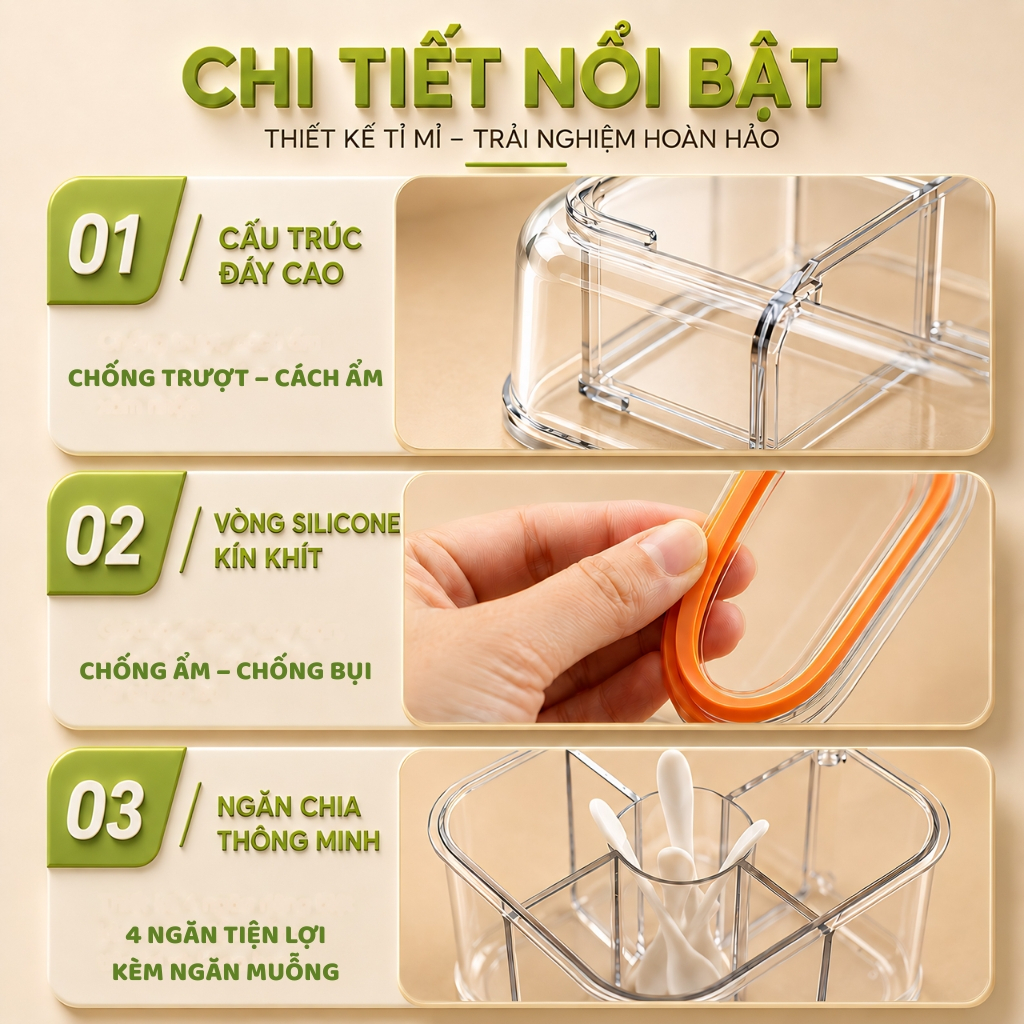 Hộp Đựng Gia Vị 4 Ngăn Trong Suốt VÒM DECOR – Nắp Đậy Kín Chống Ẩm, Giữ Gia Vị Sạch Sẽ, Hạn Chế Côn Trùng, Kèm Thìa