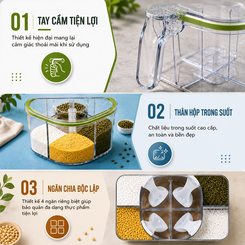 Hộp Đựng Gia Vị 4 Ngăn Trong Suốt VÒM DECOR – Nắp Đậy Kín Chống Ẩm, Giữ Gia Vị Sạch Sẽ, Hạn Chế Côn Trùng, Kèm Thìa