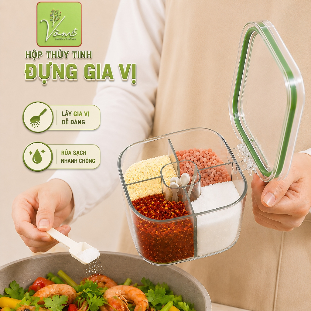 Hộp Đựng Gia Vị 4 Ngăn Trong Suốt VÒM DECOR – Nắp Đậy Kín Chống Ẩm, Giữ Gia Vị Sạch Sẽ, Hạn Chế Côn Trùng, Kèm Thìa