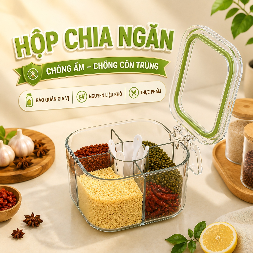 Hộp Đựng Gia Vị 4 Ngăn Trong Suốt VÒM DECOR – Nắp Đậy Kín Chống Ẩm, Giữ Gia Vị Sạch Sẽ, Hạn Chế Côn Trùng, Kèm Thìa