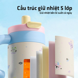 Ly giữ nhiệt Photres 850ml cốc giữ nhiệt có ống hút họa tiết hoạt hình cute bình nước văn phòng giữ lạnh có tay cầm 900m