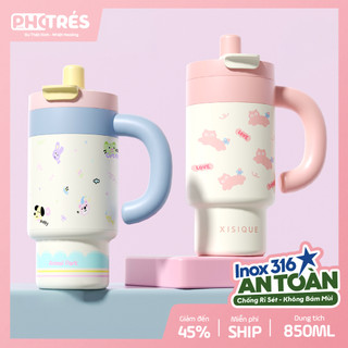 Ly giữ nhiệt Photres 850ml cốc giữ nhiệt có ống hút họa tiết hoạt hình cute bình nước văn phòng giữ lạnh có tay cầm 900m