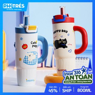 Ly giữ nhiệt Photres 800ml cốc nước văn phòng họa tiết cute dễ thương inox 316 bình nước giữ lạnh có quai xách 750ml
