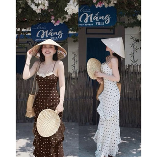 Đầm body hai dây phối ren đi biển dáng dài viền bèo dáng dài co giãn ôm dáng