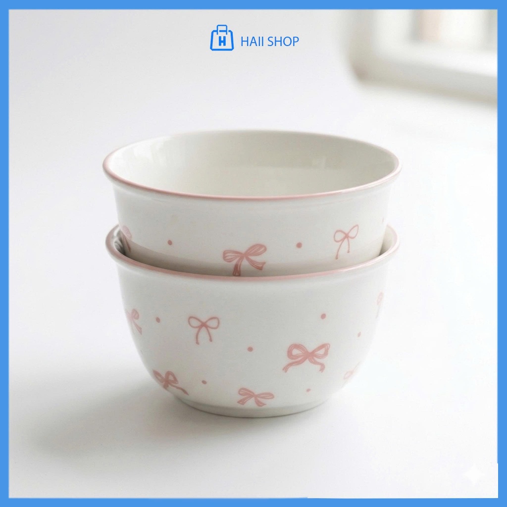 Bát Sứ Họa Tiết Nơ Hồng Dễ Thương – Chén Ăn Cơm Cao Cấp 11x6.5cm, Chịu Nhiệt Tốt, Bền Đẹp