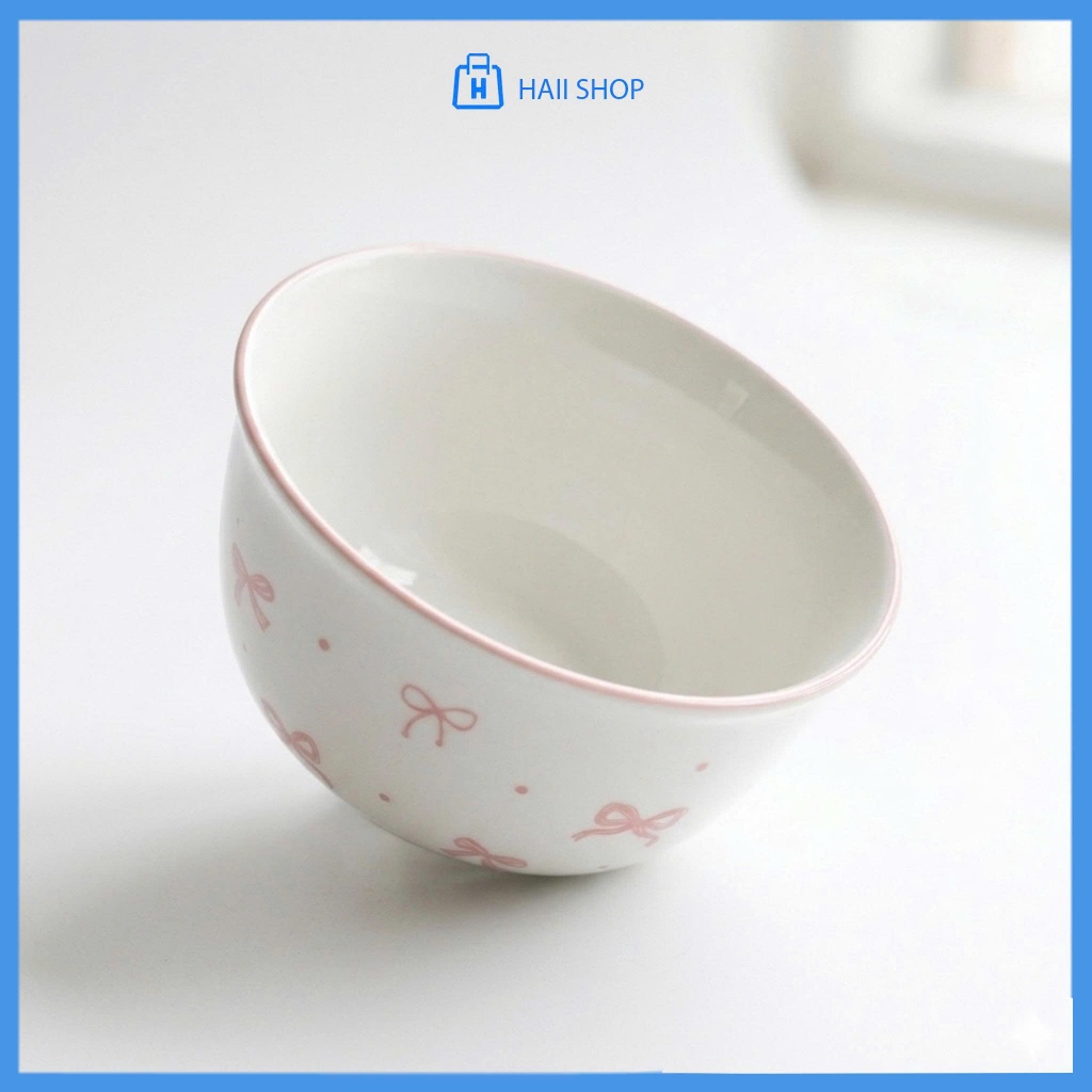 Bát Sứ Họa Tiết Nơ Hồng Dễ Thương – Chén Ăn Cơm Cao Cấp 11x6.5cm, Chịu Nhiệt Tốt, Bền Đẹp