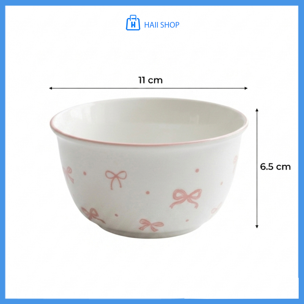 Bát Sứ Họa Tiết Nơ Hồng Dễ Thương – Chén Ăn Cơm Cao Cấp 11x6.5cm, Chịu Nhiệt Tốt, Bền Đẹp
