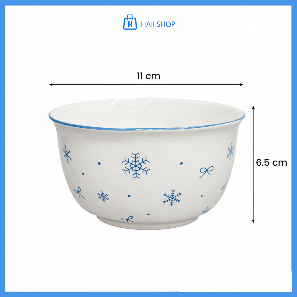 Bát Sứ Họa Tiết Bông Tuyết Xanh Cực Xinh – Chén Ăn Cơm Cao Cấp 11x6.5cm, Chịu Nhiệt Tốt, Bền Đẹp