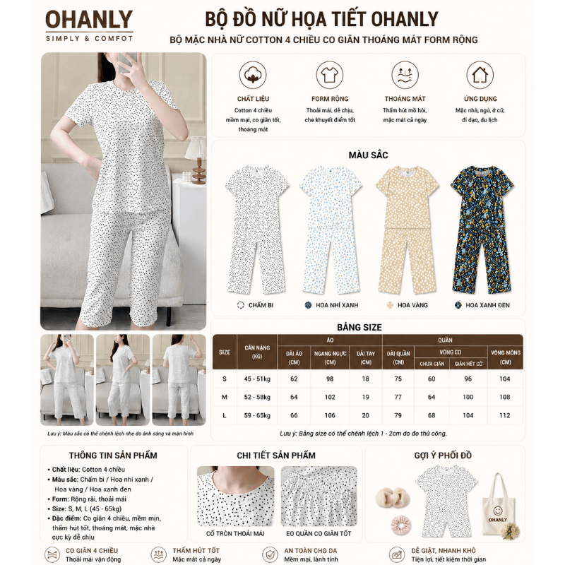 Bộ Đồ Nữ Họa Tiết OHANLY – Bộ Mặc Nhà Nữ Cotton 4 Chiều Co Giãn Thoáng Mát Form Rộng