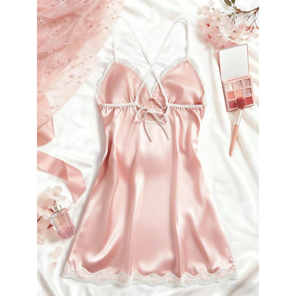 Váy Ngủ Lụa Satin Hai Dây Phối Ren Xẻ Tà Quyến Rũ