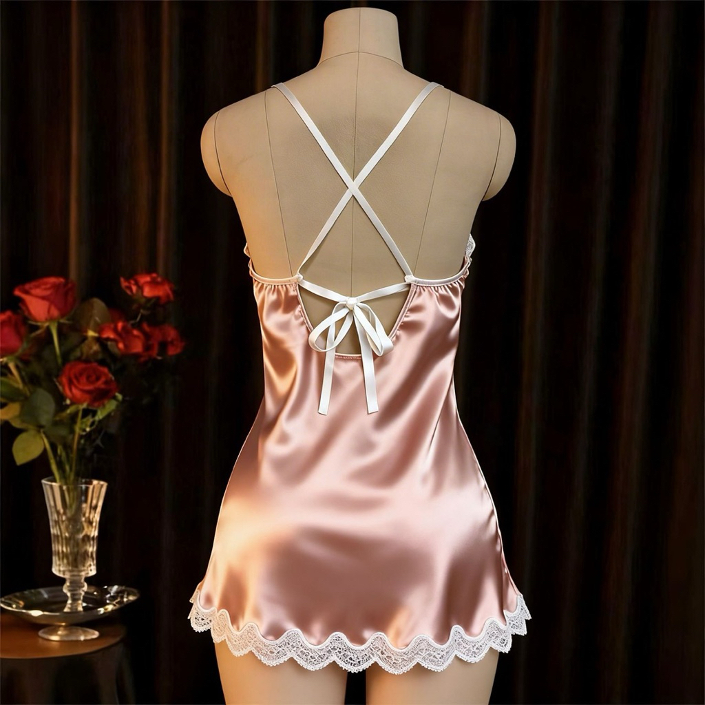 Váy Ngủ Lụa Satin Hai Dây Phối Ren Xẻ Tà Quyến Rũ