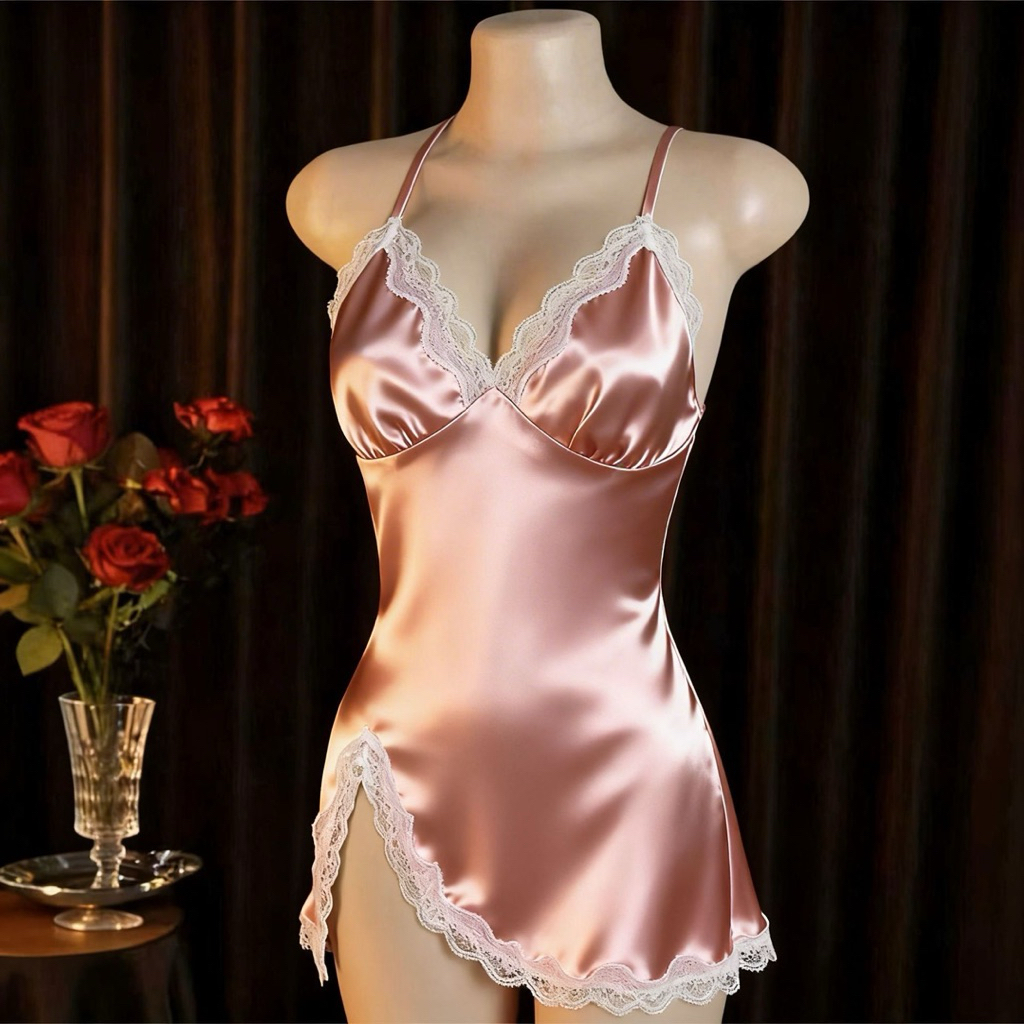 Váy Ngủ Lụa Satin Hai Dây Phối Ren Xẻ Tà Quyến Rũ