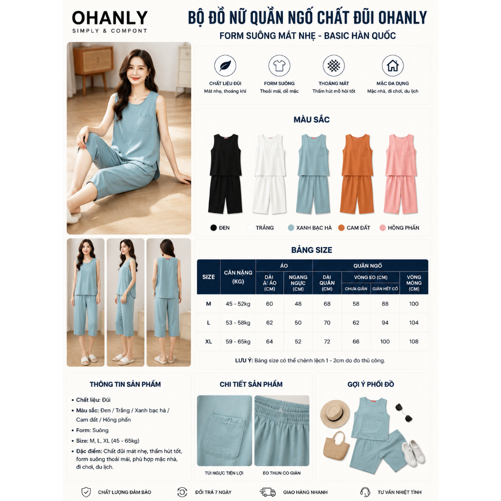 Bộ Đồ Nữ OHANLY – Bộ Nữ Quần Ngố Chất Đũi Mặc Nhà Form Suông Mát Nhẹ Basic Hàn Quốc