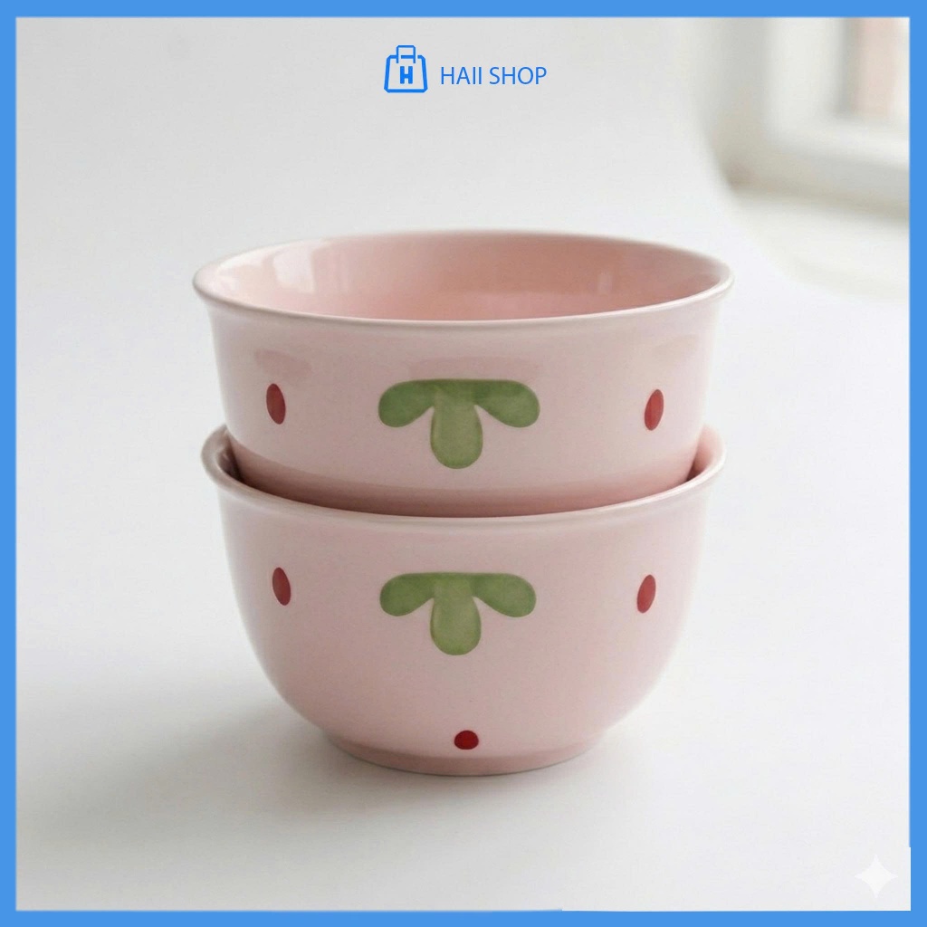 Bát Sứ Cao Cấp 11x6.5cm – Chén Ăn Cơm Họa Tiết Dâu Tây Cực Xinh, Chịu Nhiệt Tốt, Bền Đẹp