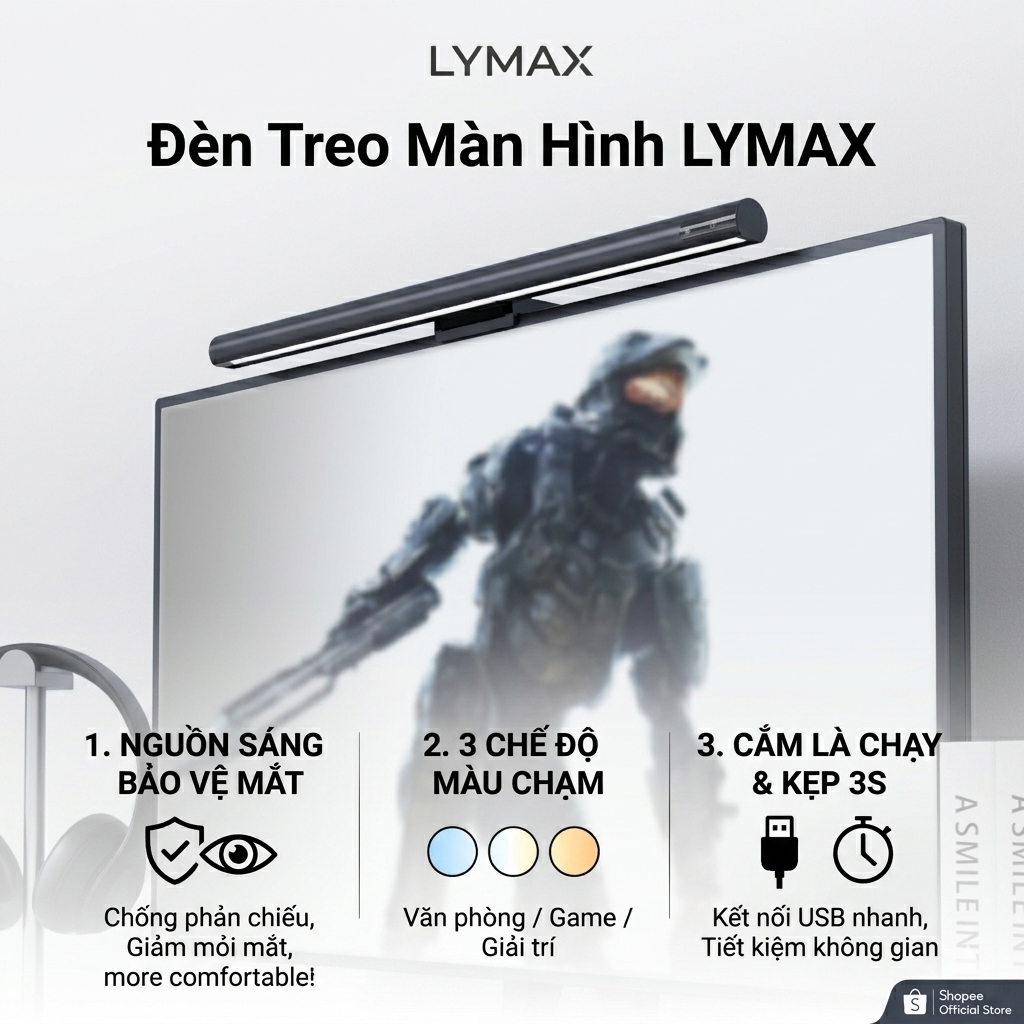 Đèn Treo Màn Hình Máy Tính LYMAX | Đèn Chống Chói Bảo Vệ Mắt USB 3 Chế Độ Ánh Sáng