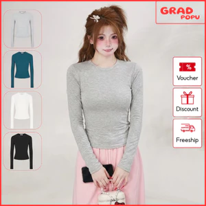 Áo thun nữ dài tay GRADPOPU ôm body eo thon tôn dáng màu trơn cotton co giãn basic dễ phối đồ DT249