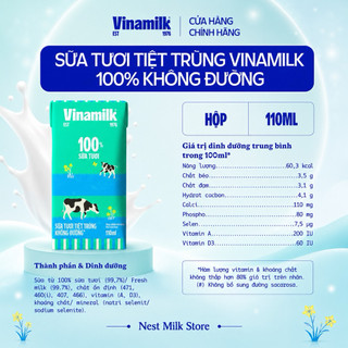 Sữa Tươi Tiệt Trùng Vinamilk Không đường loại 110ml,180ml - Thùng 48 Hộp