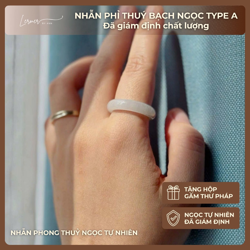 Nhẫn Cẩm Thạch A Myanmar, Nhẫn Ngọc Phỉ Thuý Type A nếp hoá mịn màu bạch ngọc, Lermer By Ann
