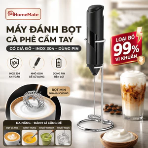 Máy Đánh Bọt Cà Phê Cầm Tay HomeMate CÓ GIÁ ĐỠ, Máy Đánh Trứng Mini Inox 304 Sử Dụng Pin Đa Năng