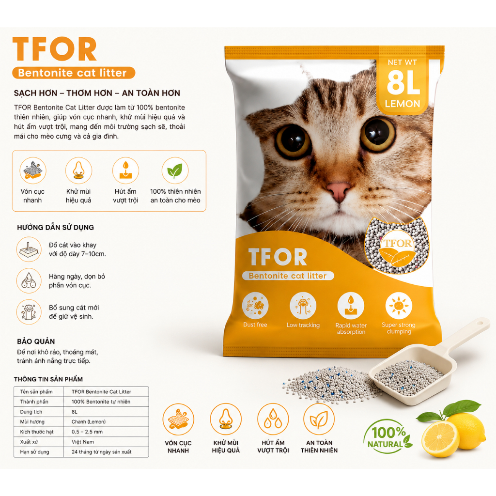 Cát vệ sinh cho mèo TFOR Túi 8L 3.5KG vón tốt, khử mùi hiệu quả