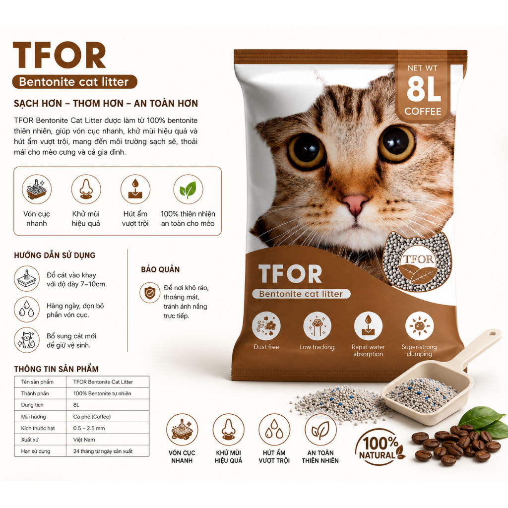 Cát vệ sinh cho mèo TFOR Túi 8L 3.5KG vón tốt, khử mùi hiệu quả