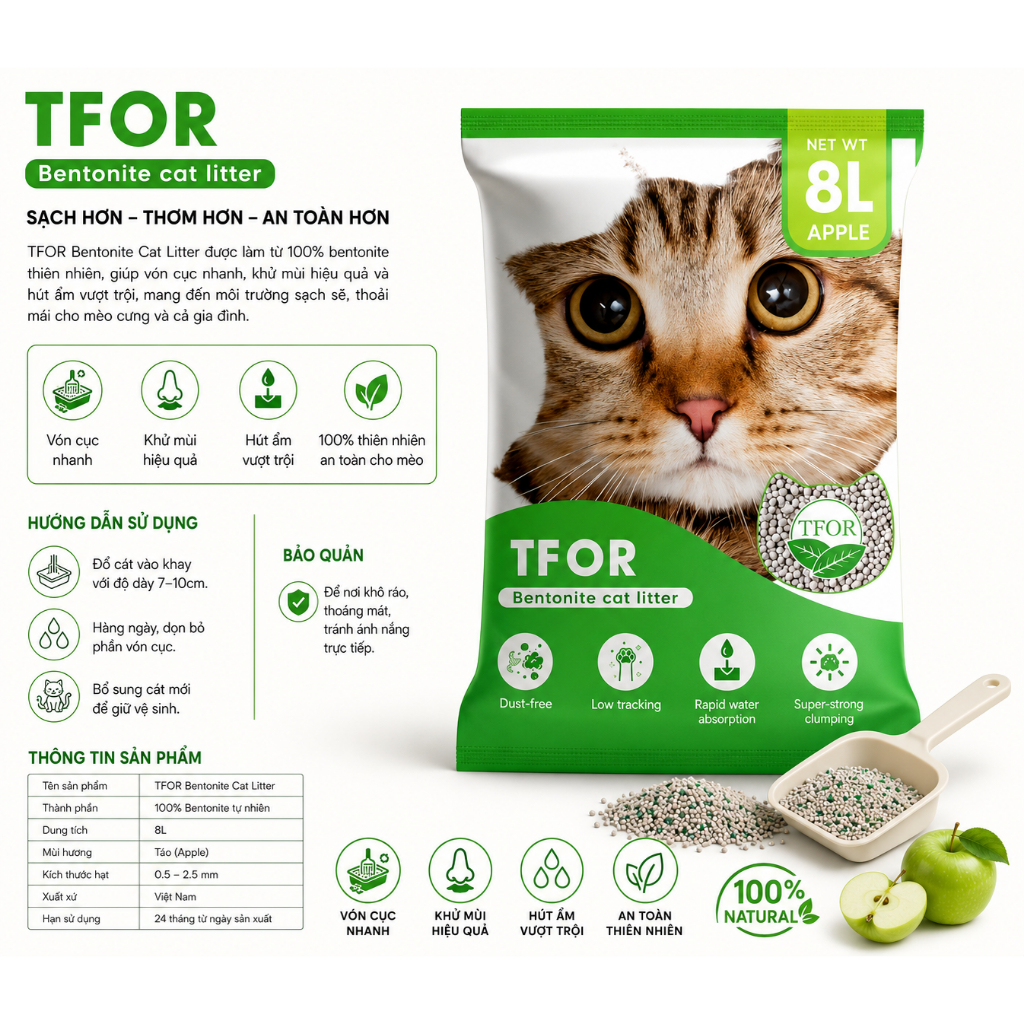 Cát vệ sinh cho mèo TFOR Túi 8L 3.5KG vón tốt, khử mùi hiệu quả