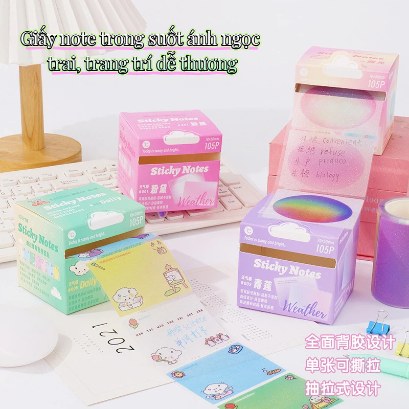 Hộp 126/265 Giấy Note Trong Suốt Chống Thấm NHAMOI, Giấy Ghi Chú Nhiều Màu Viết Được Bút Bi & Gel