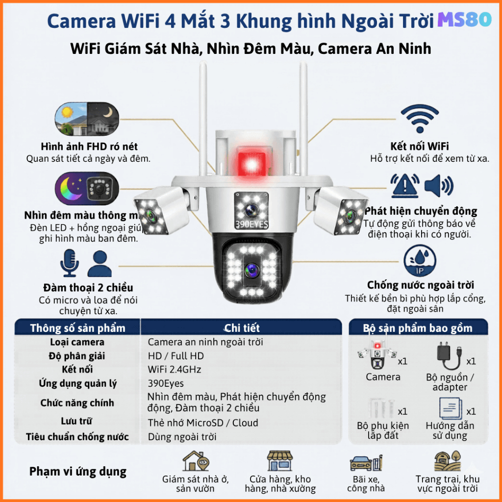 [TẶNG DÂY NỐI 3 MÉT] Camera WIFI 390EYES 4 MẮT 3 KHUNG HÌNH Ngoài Trời độ phân giải 56MP BẢN CAO CẤP
