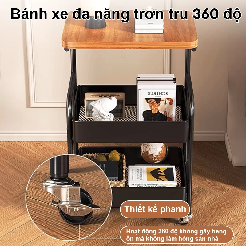 Kệ Xe Đẩy 3 Tầng Khay Nhựa PP, Mặt Gỗ Màu Đen Có Bánh Xe Kệ Đựng Đồ Đa Năng Tiện Lợi Gọn Gàng