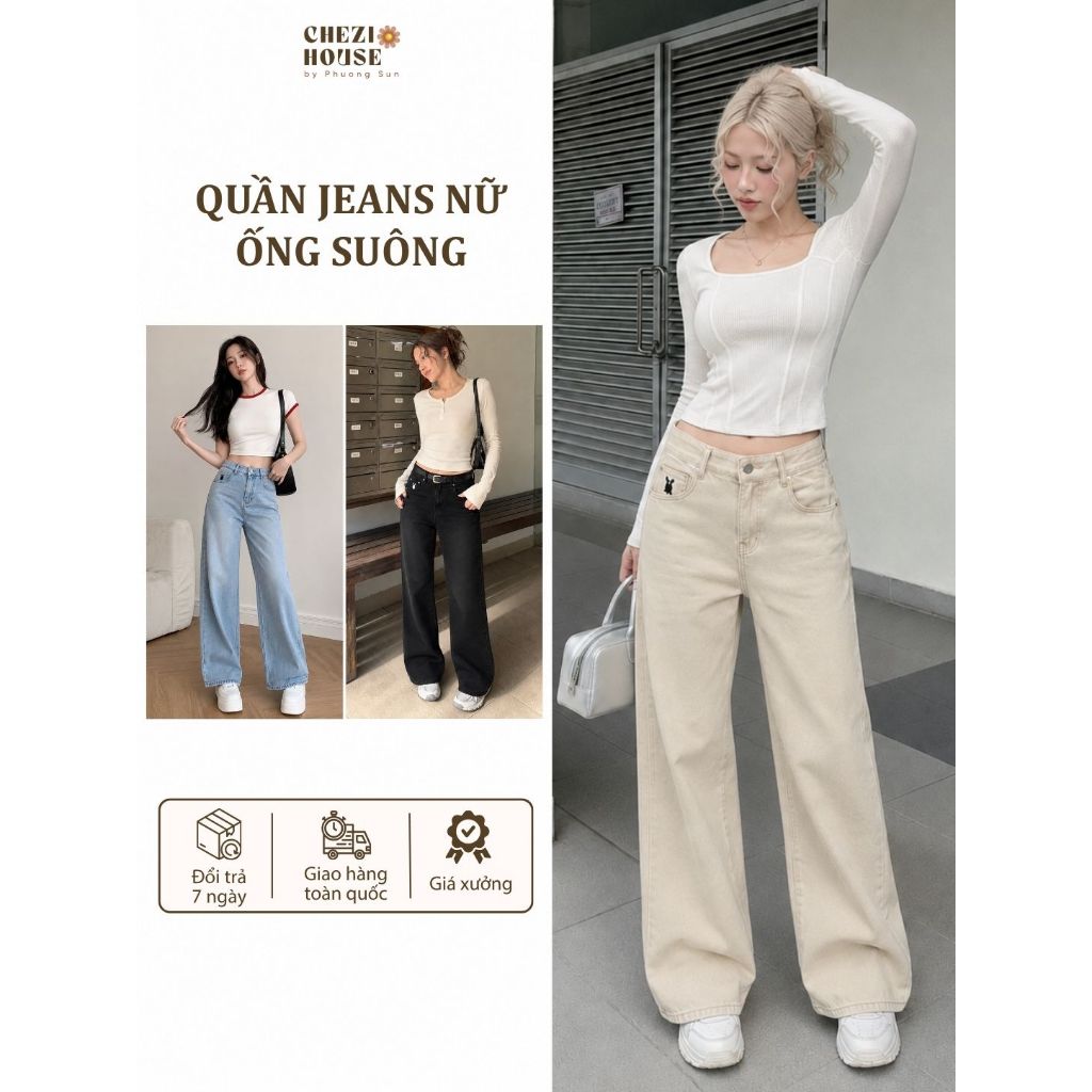 Quần Jean Nữ Ống Suông Lưng Cao Thêu Họa Tiết, Quần Bò Nữ Ống Rộng 3 Màu Đen Trắng Kem Tôn Dáng CHEZI HOUSE #8413-8419