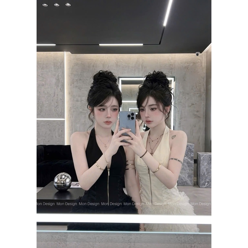 Set áo yếm khoá đan dây chân váy lưới bèo tầng