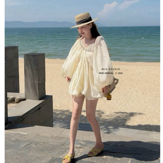 Set 2 món : Áo babydoll cổ V buộc nơ tay bồng kèm quần ngắn, chất liệu vải tơ mềm L1 phong cách tiểu thư sang chảnh