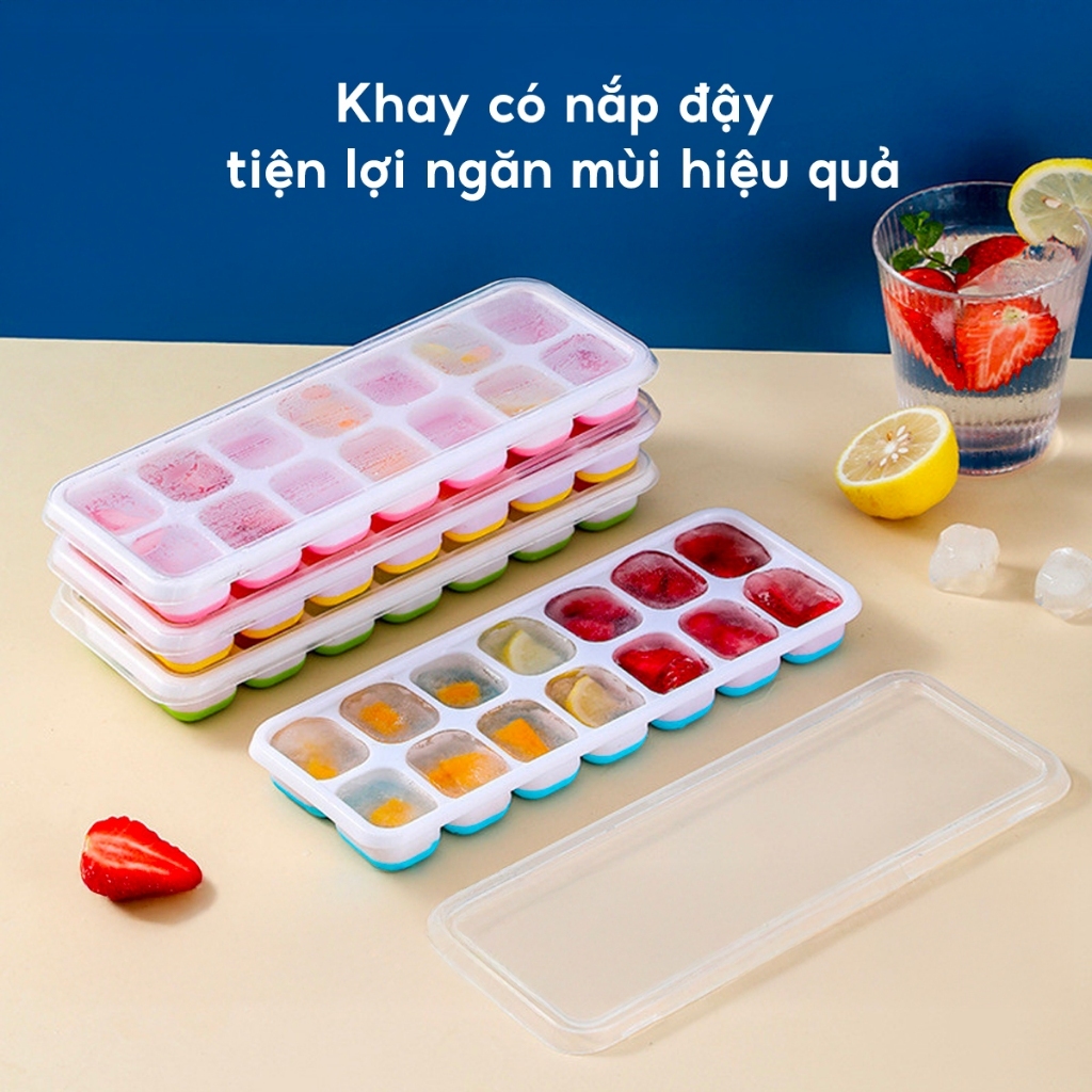 Bộ 5 Khay Làm Đá Viên Silicon 14 Ô Có Nắp Đậy Kín – Dùng Làm Đá, Thạch, Bảo Quản Gọn Gàng Tủ Lạnh