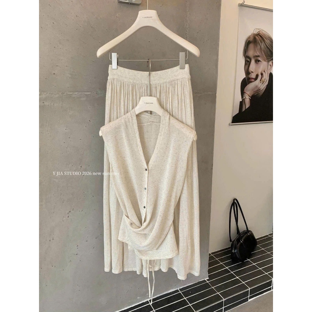 SET VÁY LEN GÂN NỮ FREESIZE Cao Cấp Áo Wrap Eo Chân Váy Dài Xếp Ly Phong Cách Hàn Quốc Thanh Lịch - HuyenChang Boutique