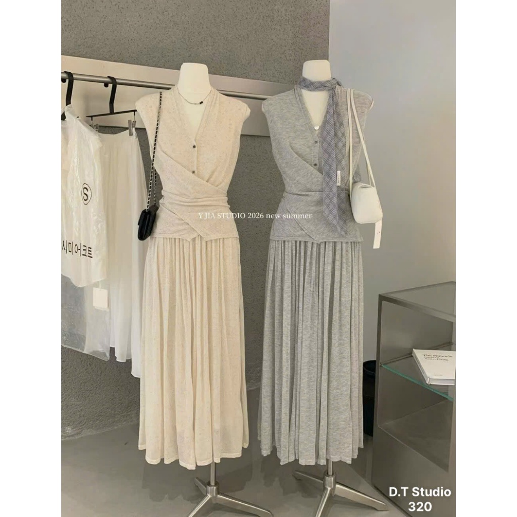 SET VÁY LEN GÂN NỮ FREESIZE Cao Cấp Áo Wrap Eo Chân Váy Dài Xếp Ly Phong Cách Hàn Quốc Thanh Lịch - HuyenChang Boutique