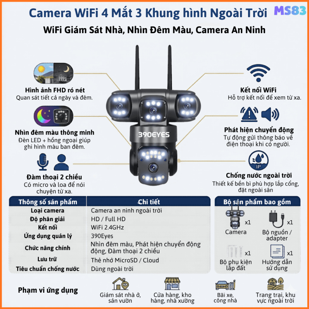 [Độ phân giải 56MP] Camera WIFI 390EYES 4 MẮT 3 KHUNG HÌNH Ngoài Trời  Báo động chống trộm, đàm thoại 2 chiều
