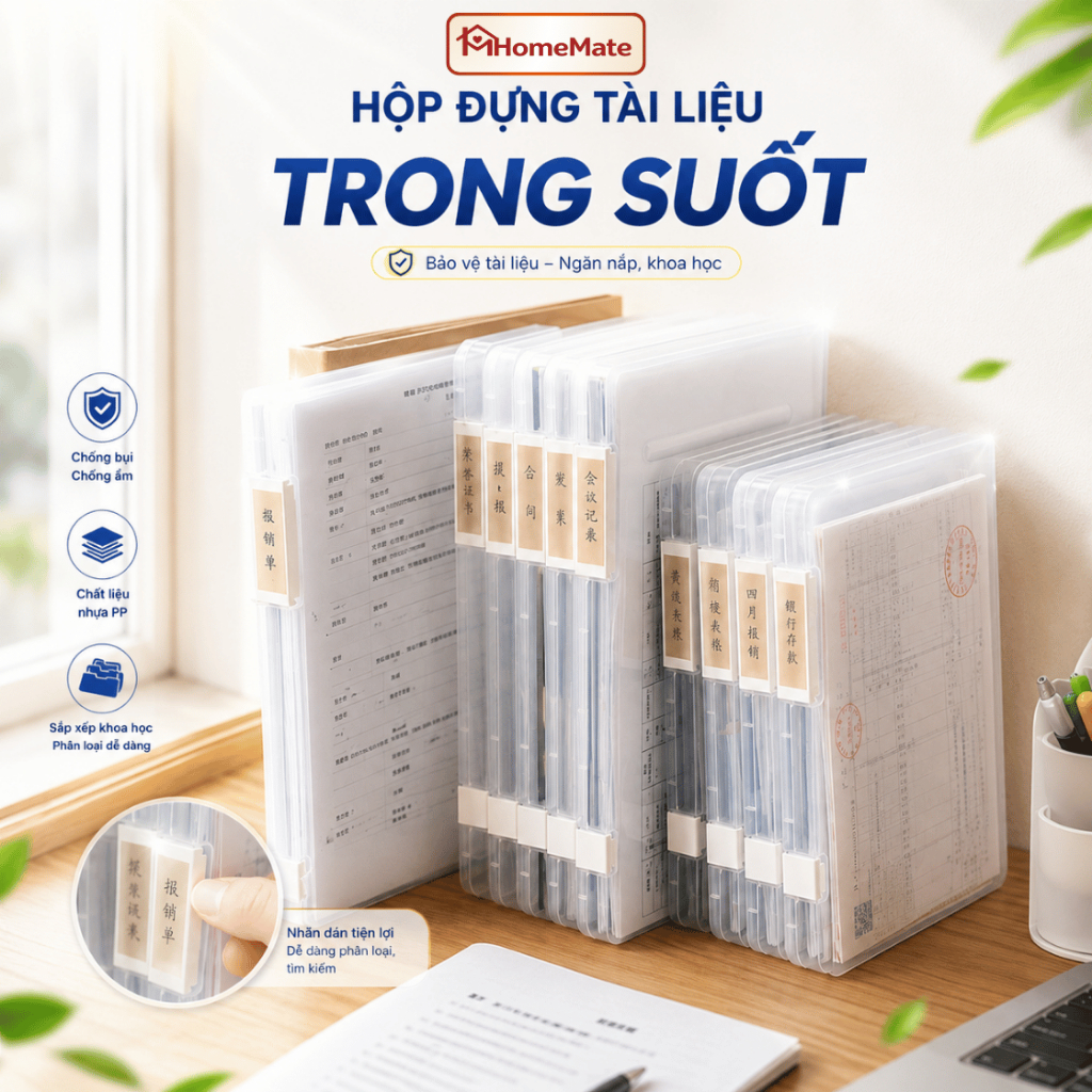 Hộp Đựng Tài Liệu A4 HomeMate Trong Suốt Có Khóa Cài, Hộp Lưu Trữ Giấy Tờ Chống Bụi Chống Ẩm Để Bàn Văn Phòng